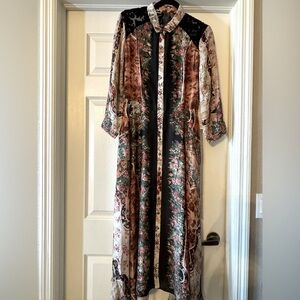 Aratta Floral Duster / Dress Burt Out Velvet Back Long Sleeve Black Sz S
